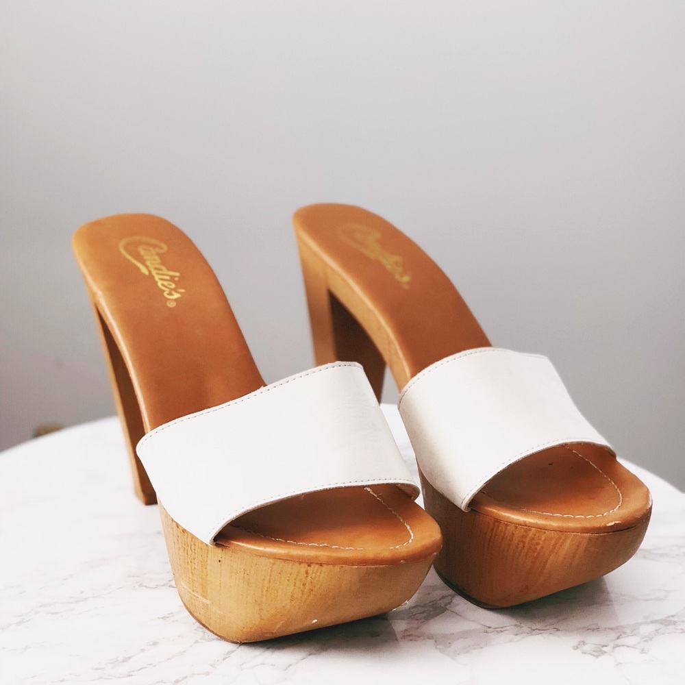 White Faux Wood Candie’s Heels